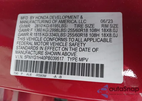 2023 Honda Pilot Awd Ex-L 8 Passenger z USA, uszkodzony, nr VIN 5FNYG1H40PB039517